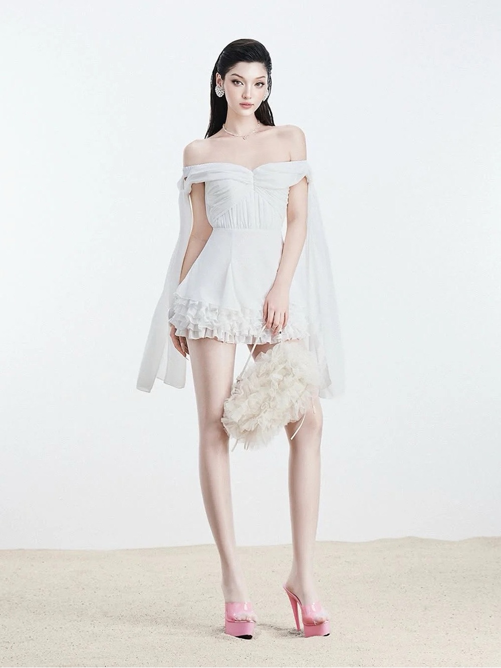 Off-Shoulder White Ruffle Mini Dress